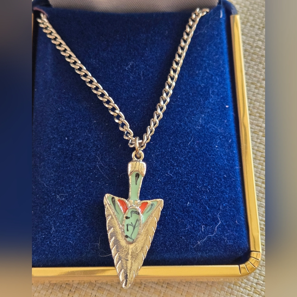 Vintage Gold Arrowhead Pendant Necklace with Green and Red Enamel
